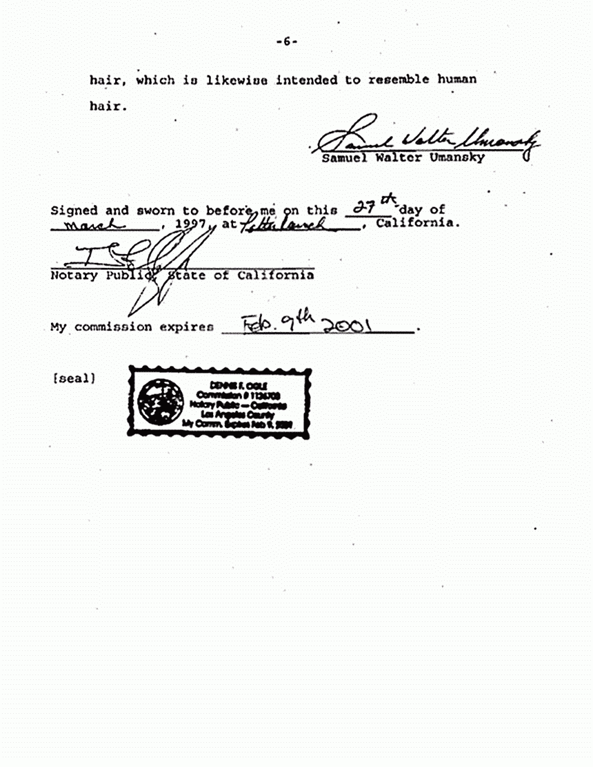 March 27, 1997: Affidavit of Samuel Walter Umansky re: Saran Fibers, p. 6 of 6