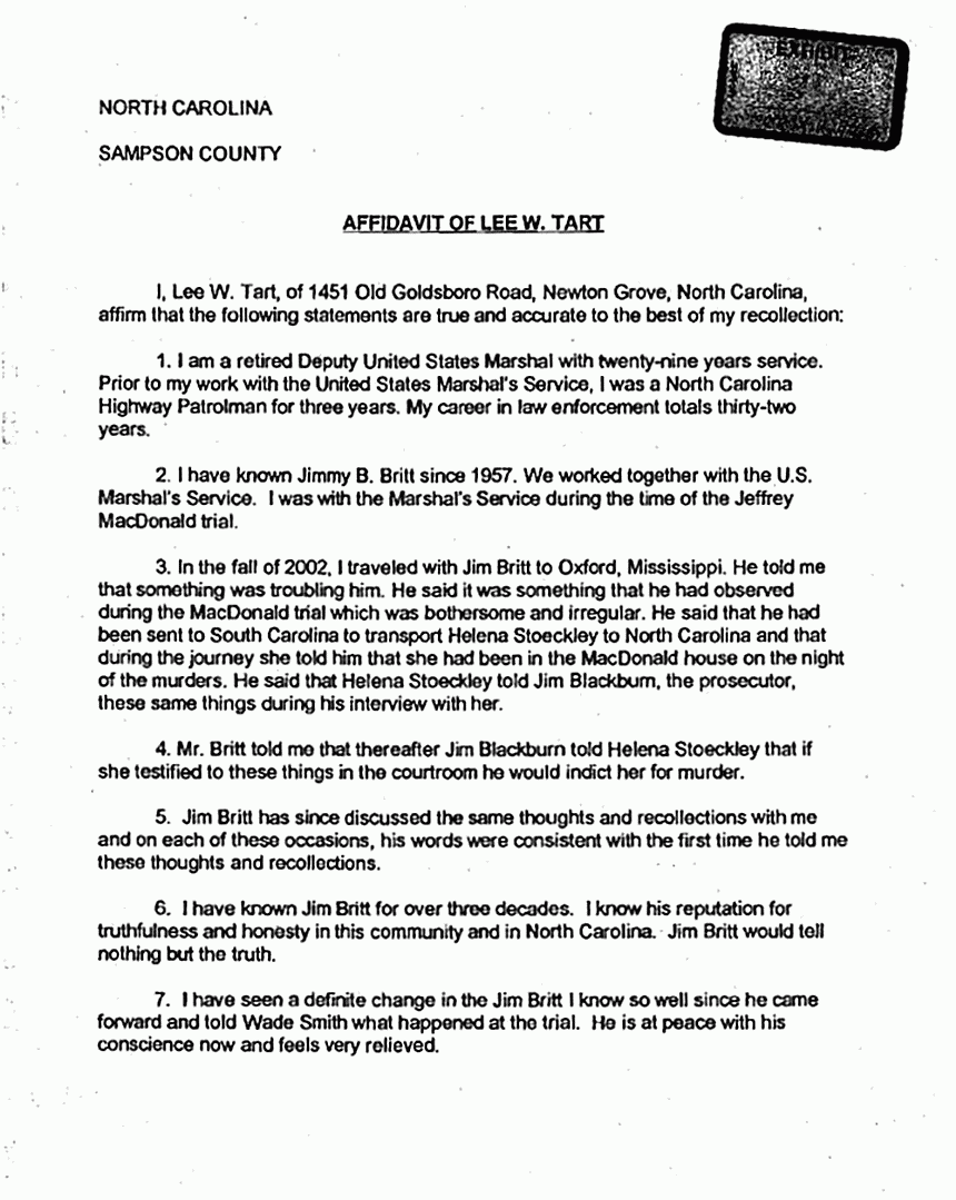 October 26, 2005: Affidavit of Lee Tart re: Jimmy Britt, p. 1 of 2