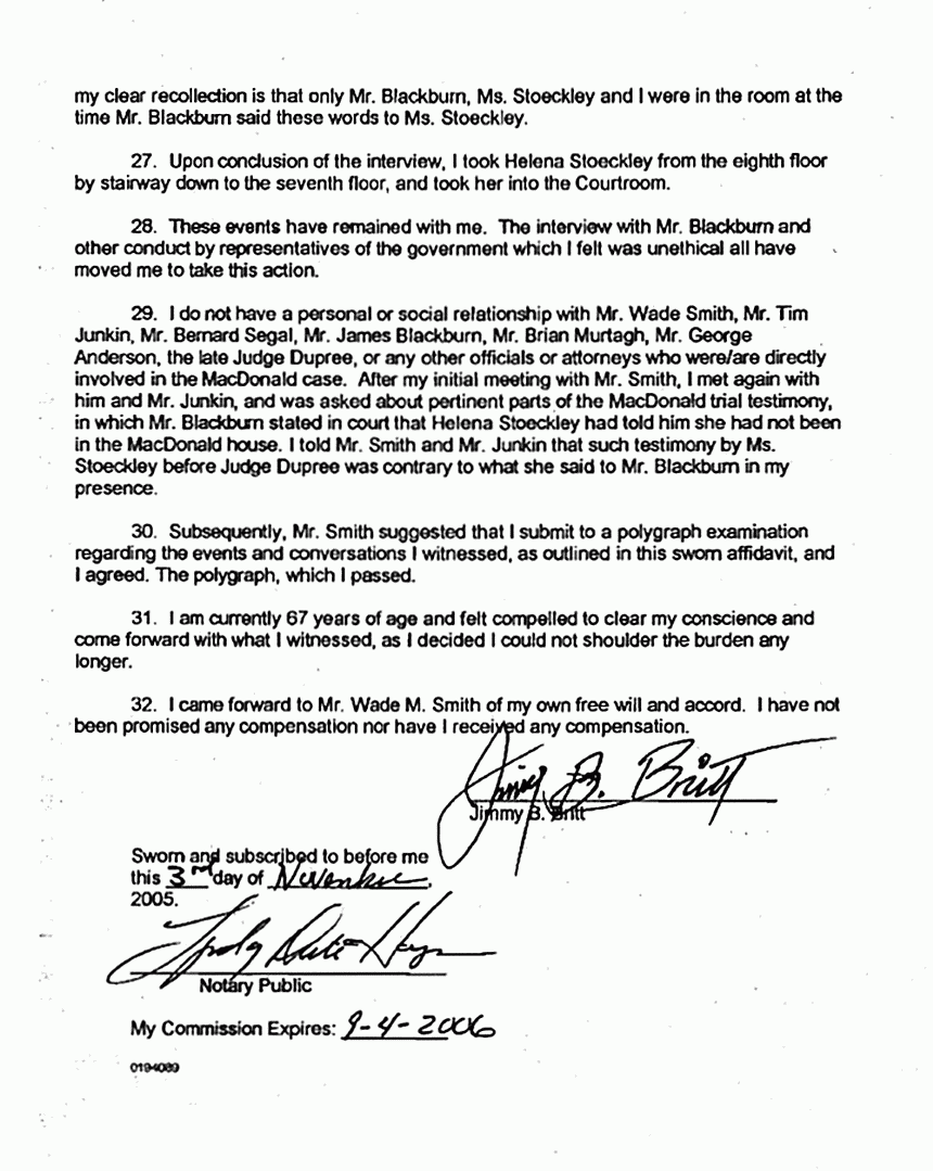 November 3, 2005: Affidavit of Jimmy Britt re: Helena Stoeckley and James Blackburn, p. 4 of 4