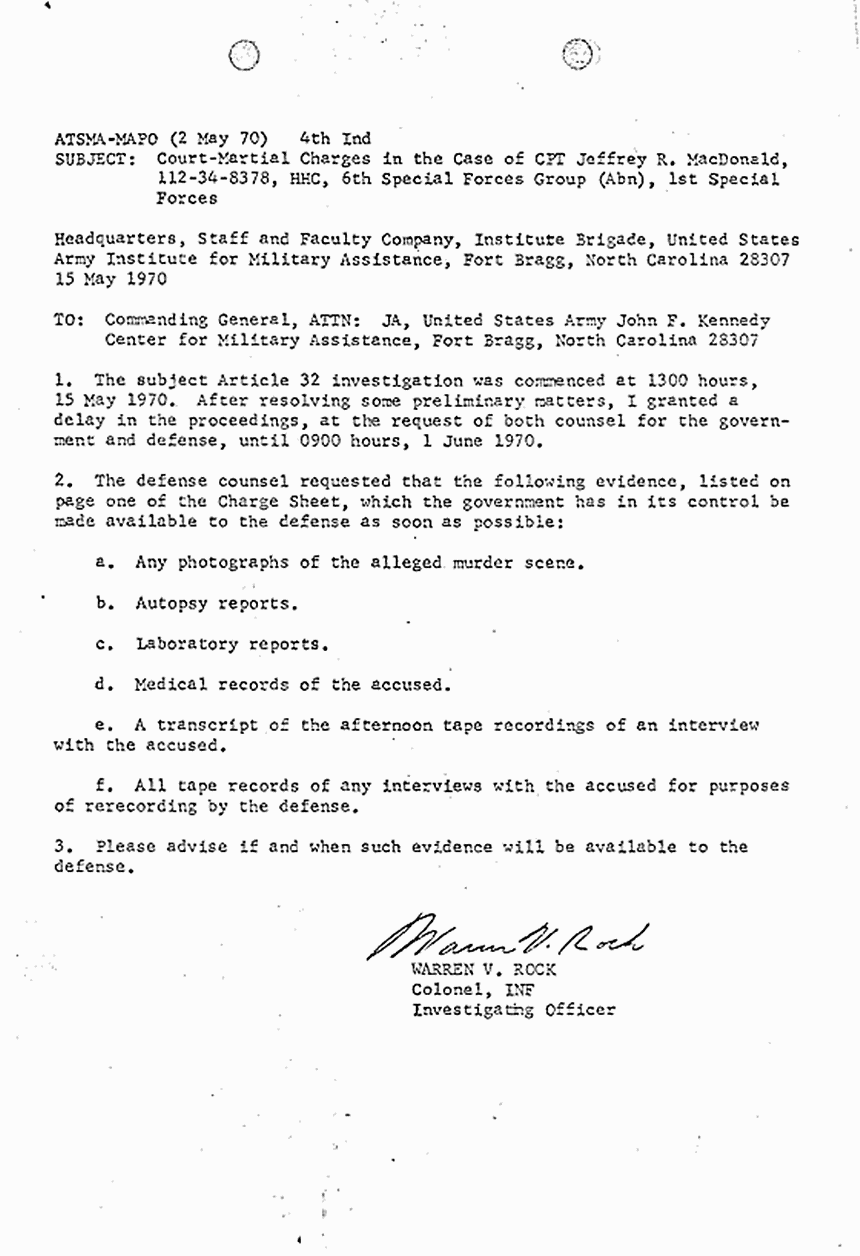 May 15, 1970: Communication from Colonel Warren Rock
