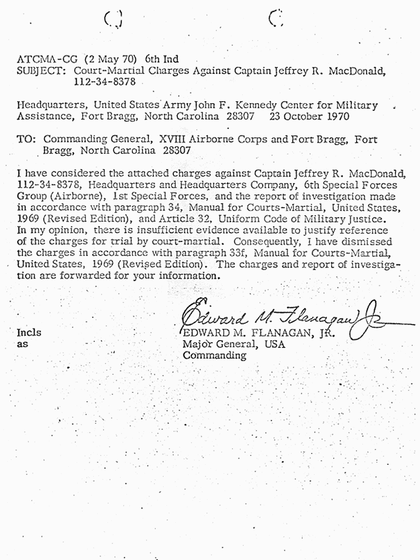 October 23, 1970: Charges dismissed by Major General Flanagan