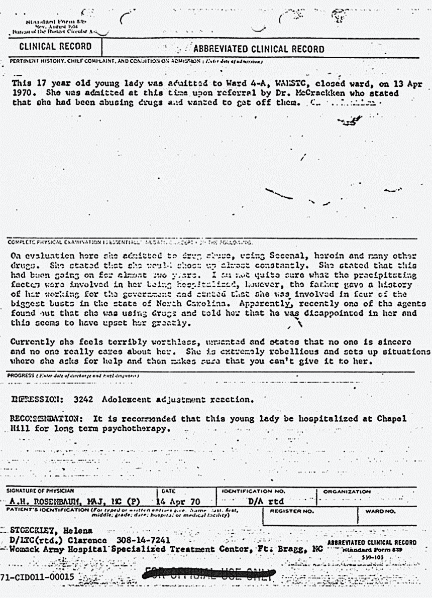 April 14, 1970: Abbreviated report of Helena Stoeckley's April 13 hospital admission, p. 2 of 2