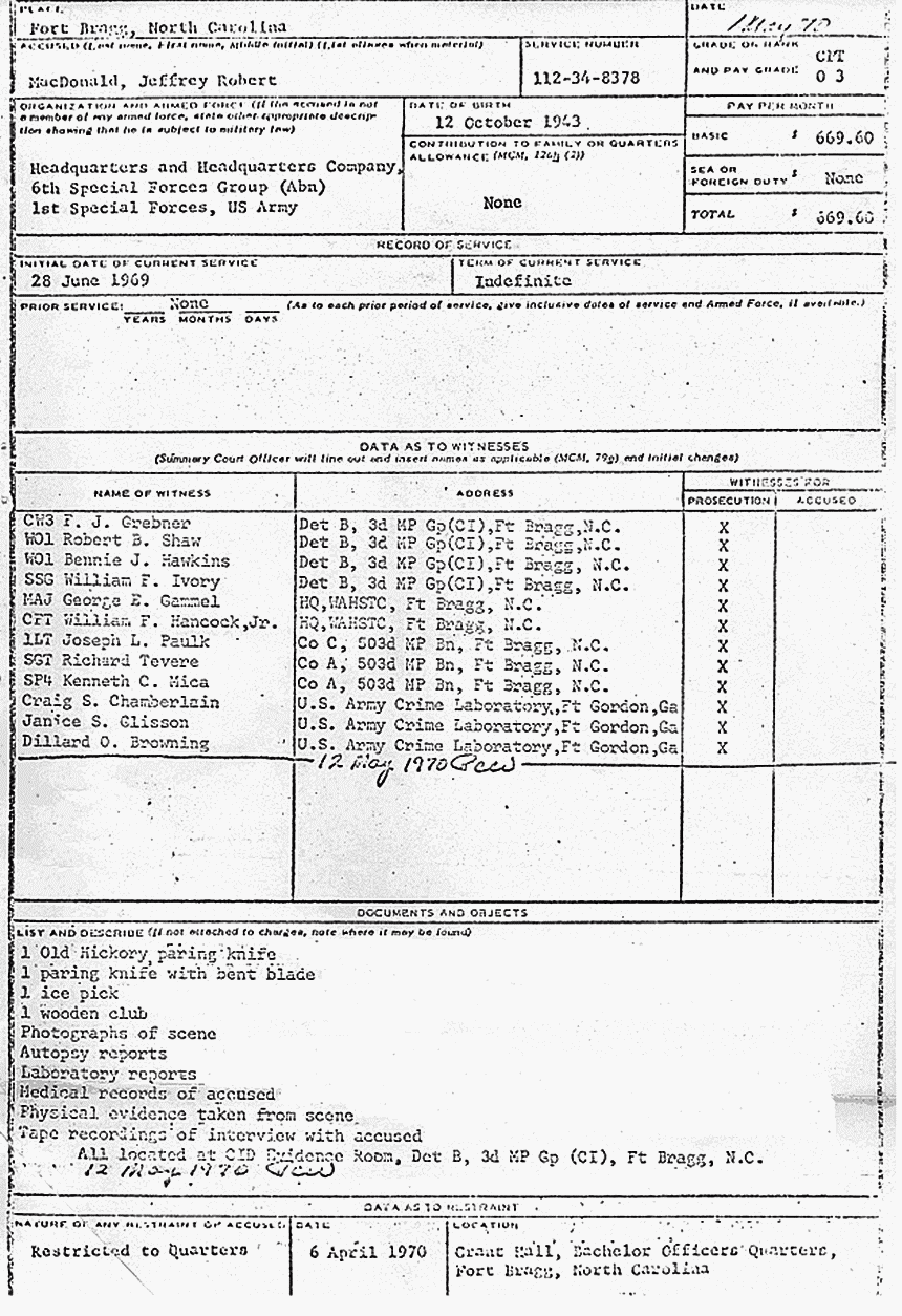 May 1, 1970: Jeffrey MacDonald's Charge Sheet (DD Form 458), p. 1 of 4