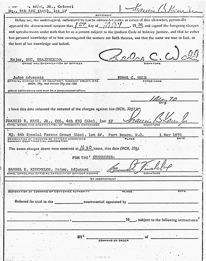 May 1, 1970: Jeffrey MacDonald's Charge Sheet (DD Form 458), p. 3 of 4