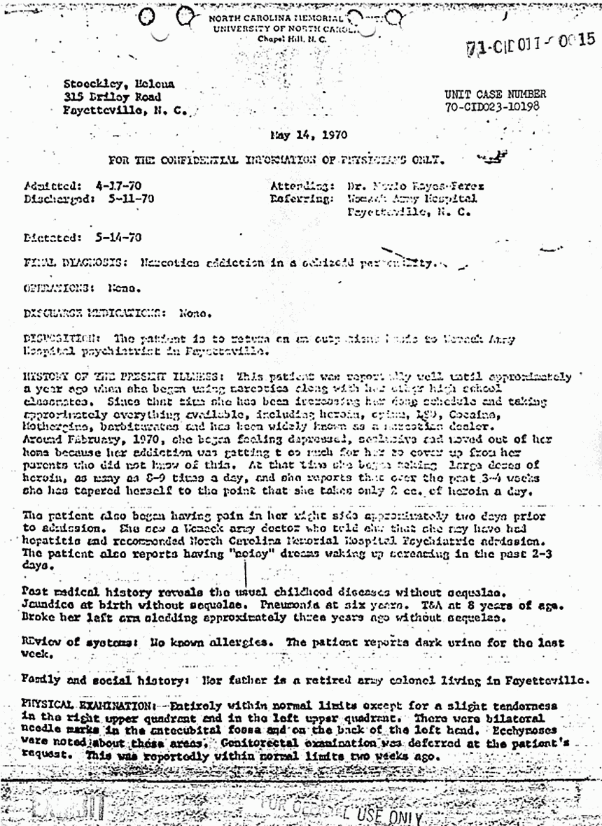 May 14, 1970: Psychiatric report re: Helena Stoeckley's April 17, 1970 hospital admission, p. 1 of 2