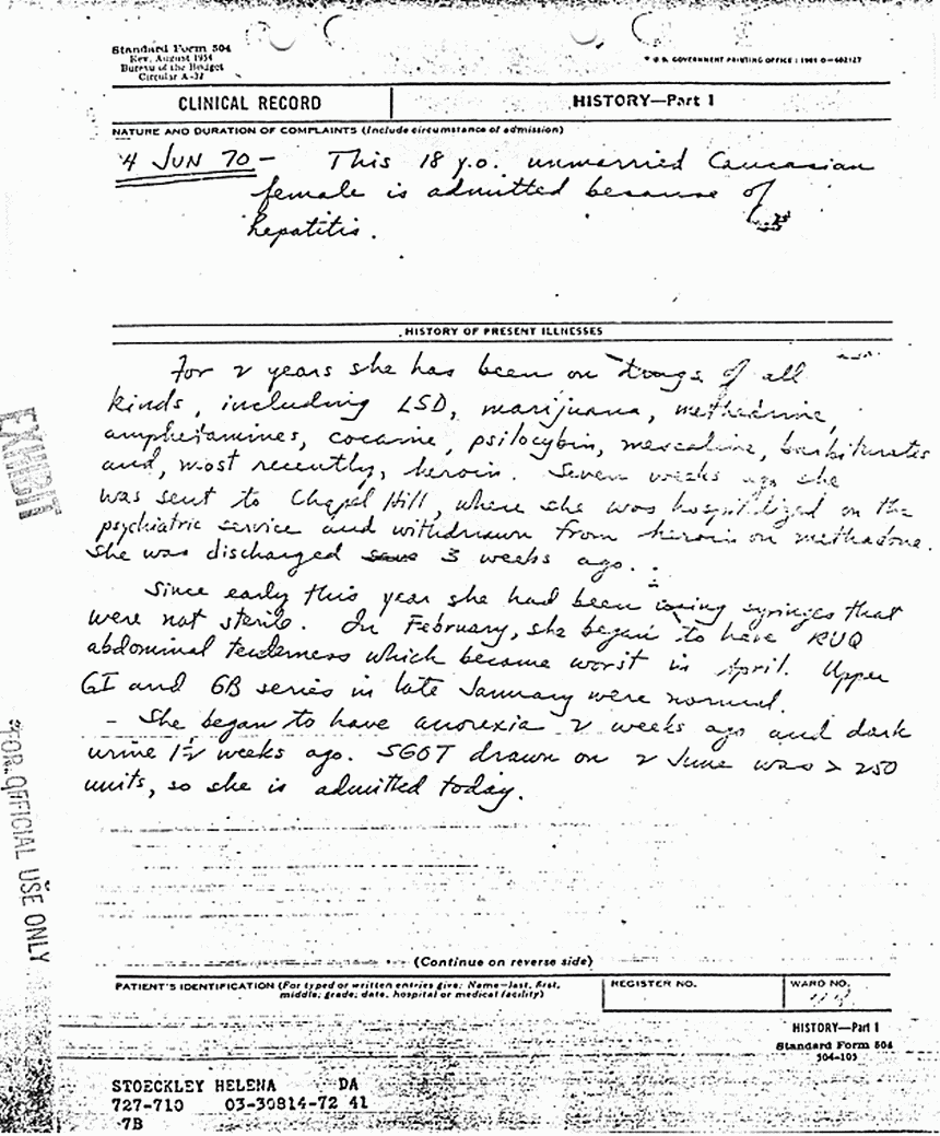 June 4, 1970: Medical report re: Helena Stoeckley's June 4 hospital admission, p. 2 of 5