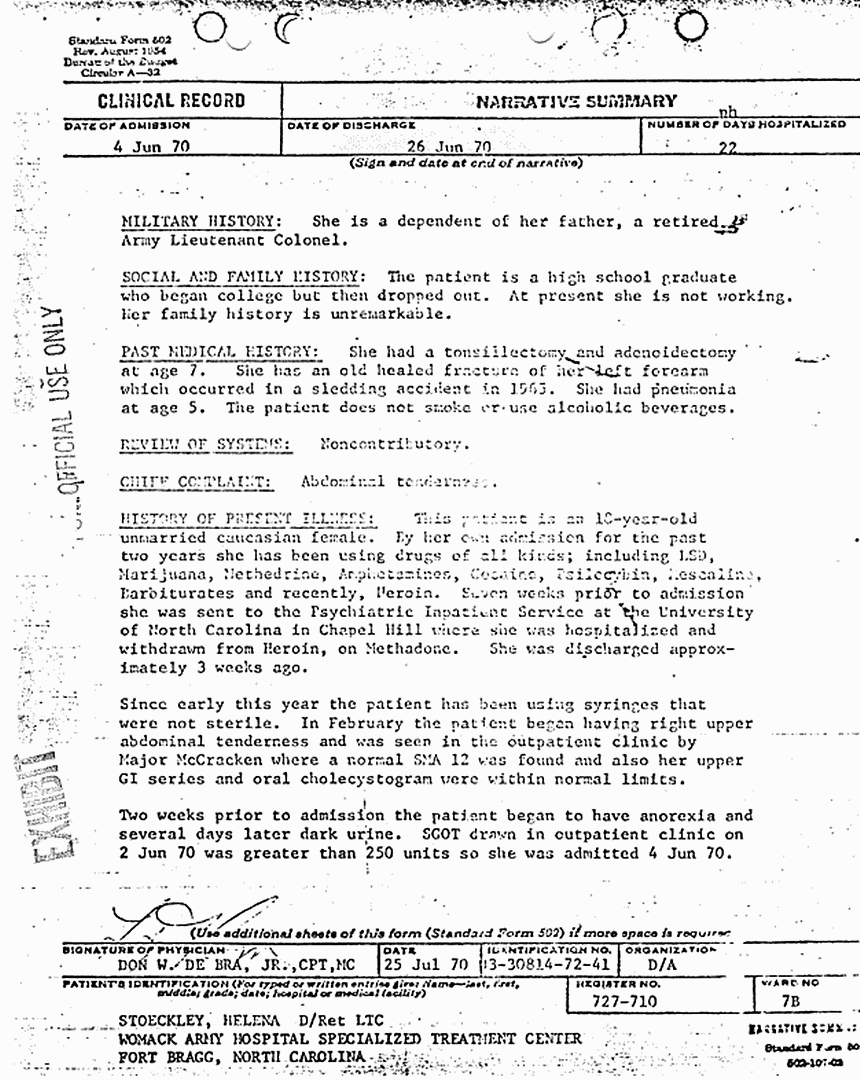 June 4, 1970: Medical report re: Helena Stoeckley's June 4 hospital admission, p. 3 of 5