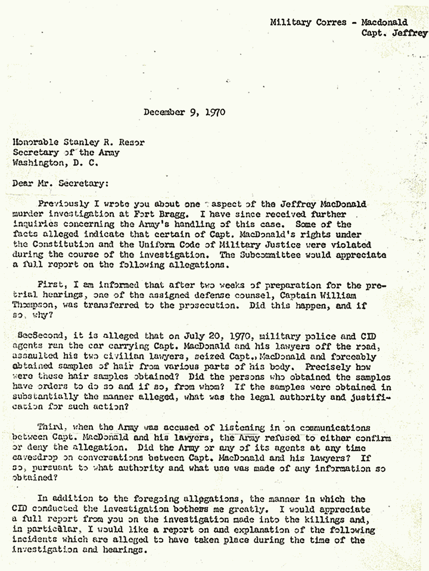 December 9, 1970: Letter of Inquiry from Senator Sam Ervin to Stanley Resor (Secretary of the Army), p. 1 of 3