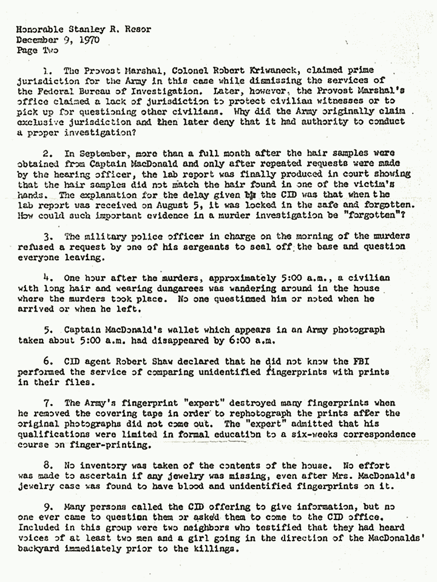 December 9, 1970: Letter of Inquiry from Senator Sam Ervin to Stanley Resor (Secretary of the Army), p. 2 of 3