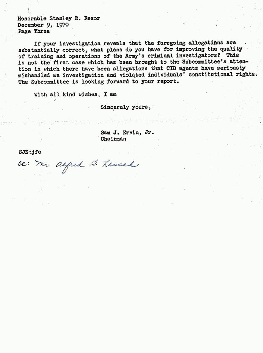 December 9, 1970: Letter of Inquiry from Senator Sam Ervin to Stanley Resor (Secretary of the Army), p. 3 of 3