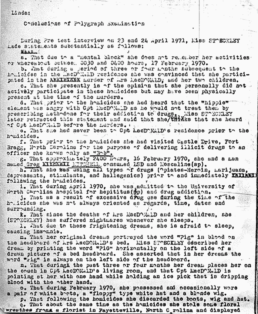 ca. April 24, 1971: Conclusions re: Robert Bristentine's April 23-24 polygraph examination of Helena Stoeckley, p. 1 of 3