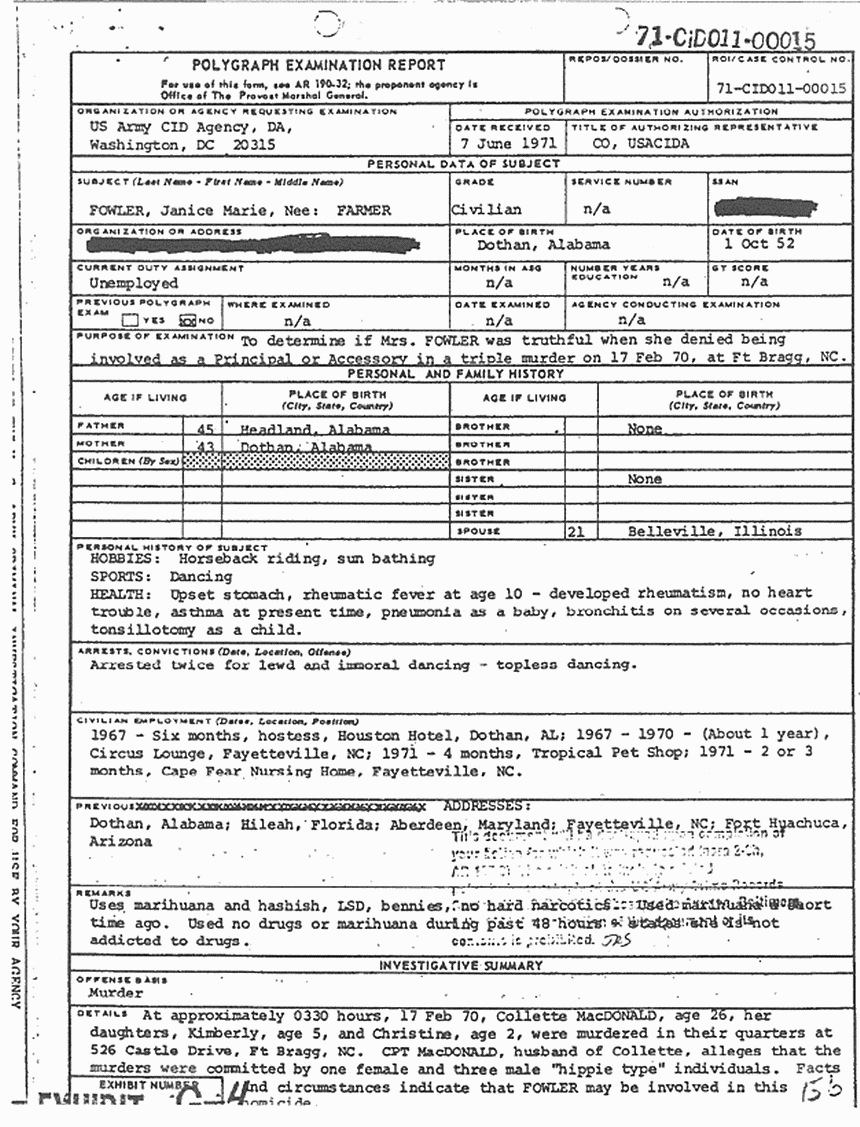 June 1971: Documents re: June 11, 1971 polygraph examination of Janice Fowler, p. 1 of 6