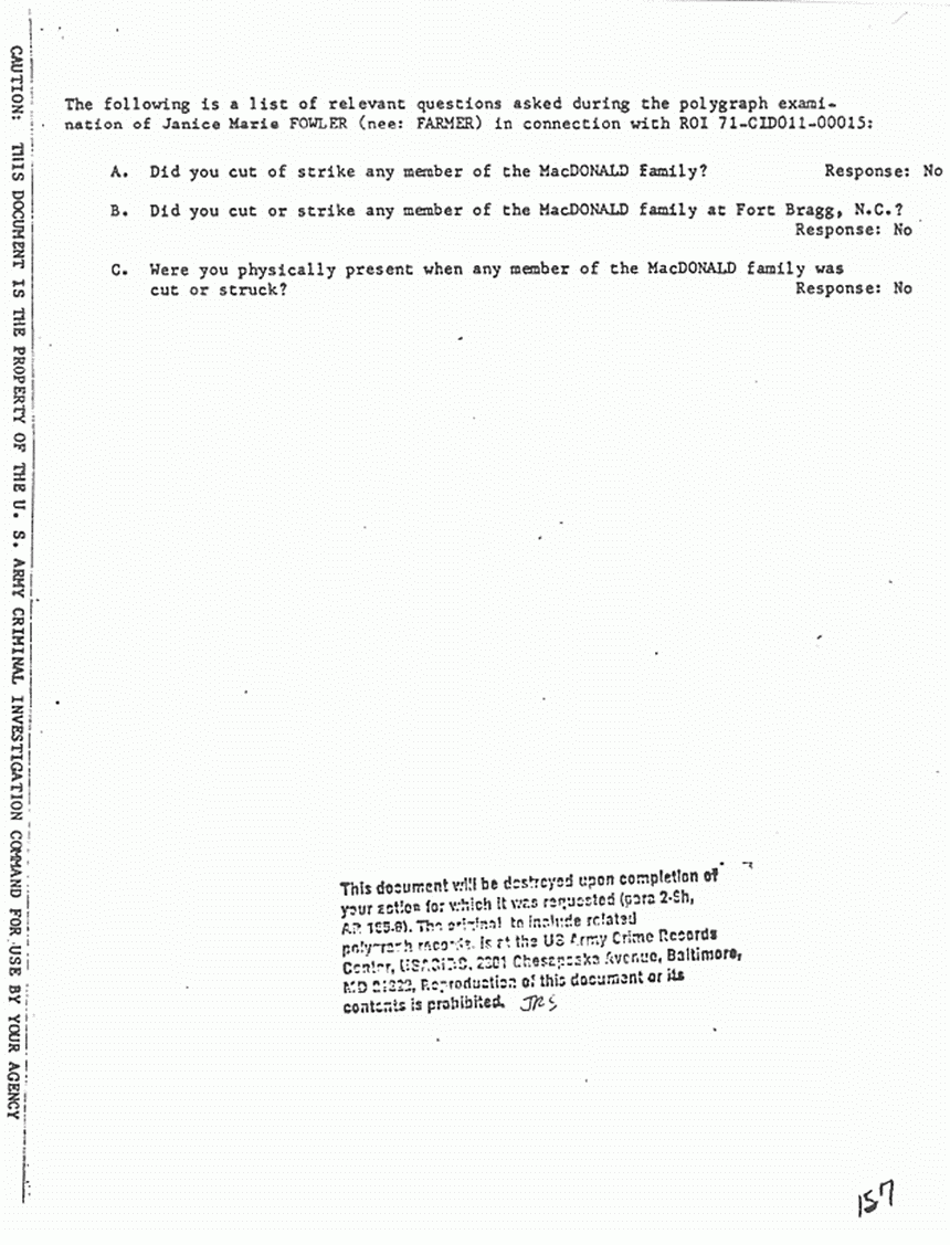 June 1971: Documents re: June 11, 1971 polygraph examination of Janice Fowler, p. 2 of 6