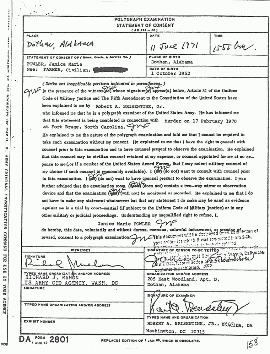 June 1971: Documents re: June 11, 1971 polygraph examination of Janice Fowler, p. 3 of 6