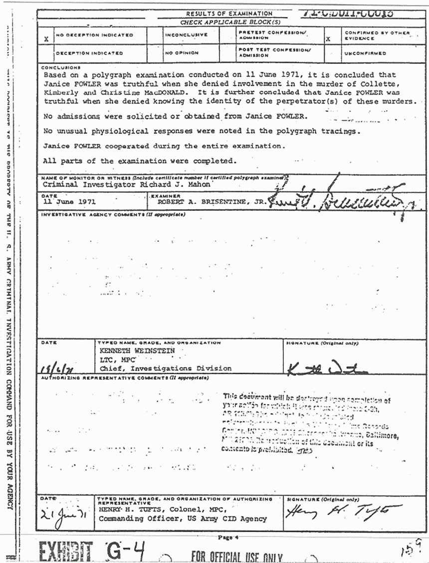 June 1971: Documents re: June 11, 1971 polygraph examination of Janice Fowler, p. 4 of 6