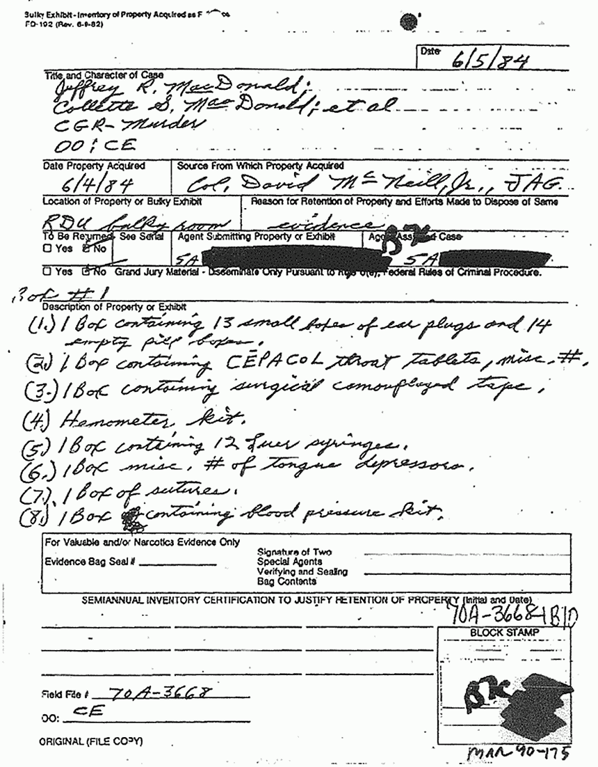 June 5, 1984: Inventory of medical supplies removed from 544 Castle Dr. on June 4, 1984, p. 1 of 17