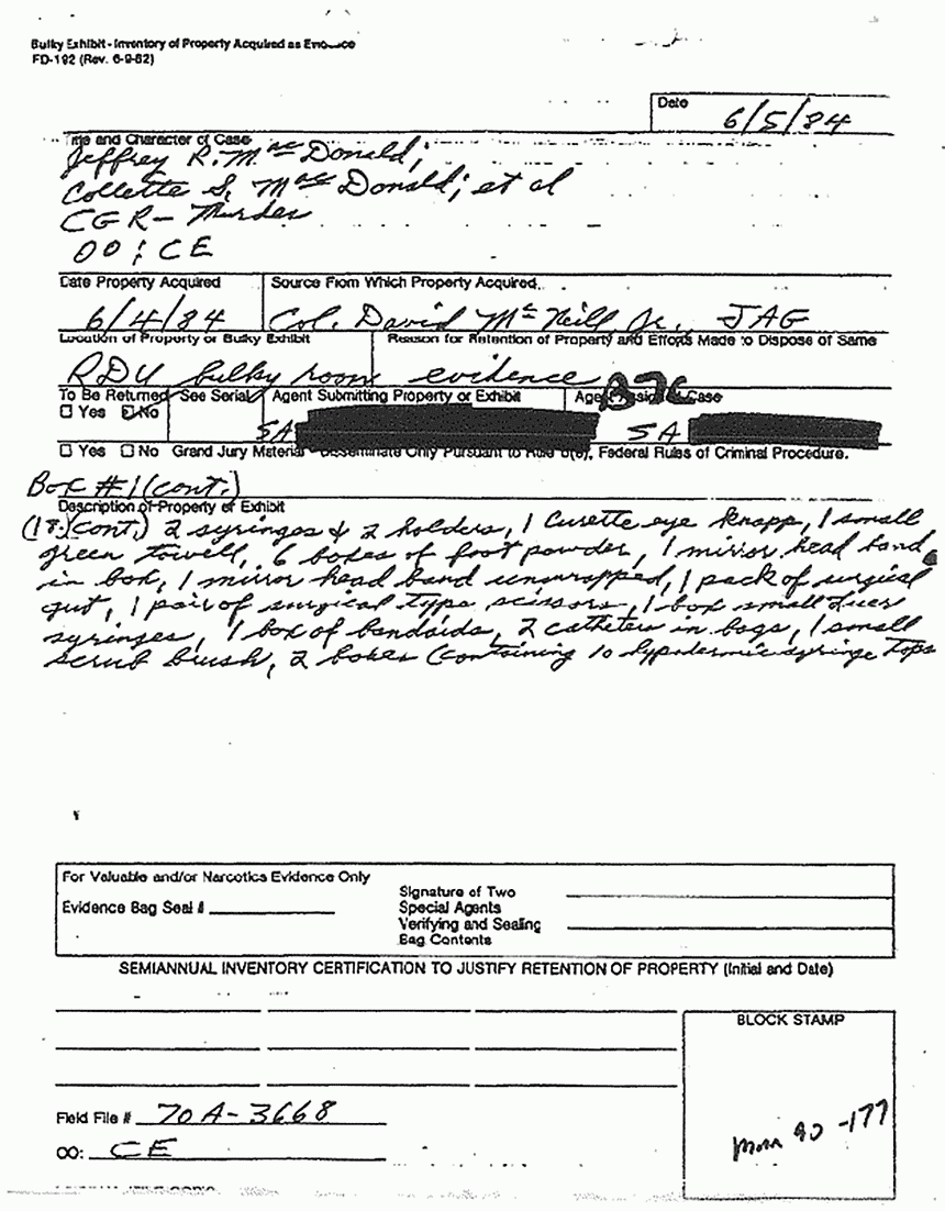 June 5, 1984: Inventory of medical supplies removed from 544 Castle Dr. on June 4, 1984, p. 3 of 17