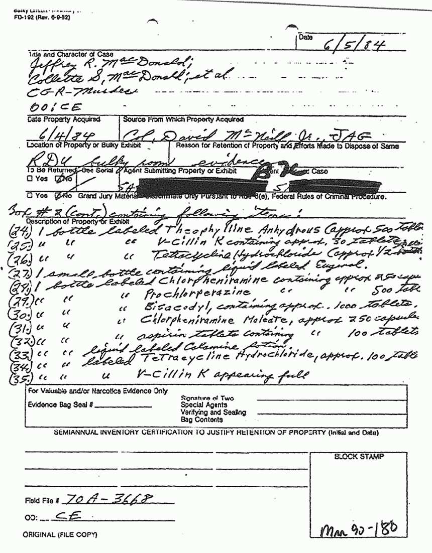 June 5, 1984: Inventory of medical supplies removed from 544 Castle Dr. on June 4, 1984, p. 6 of 17