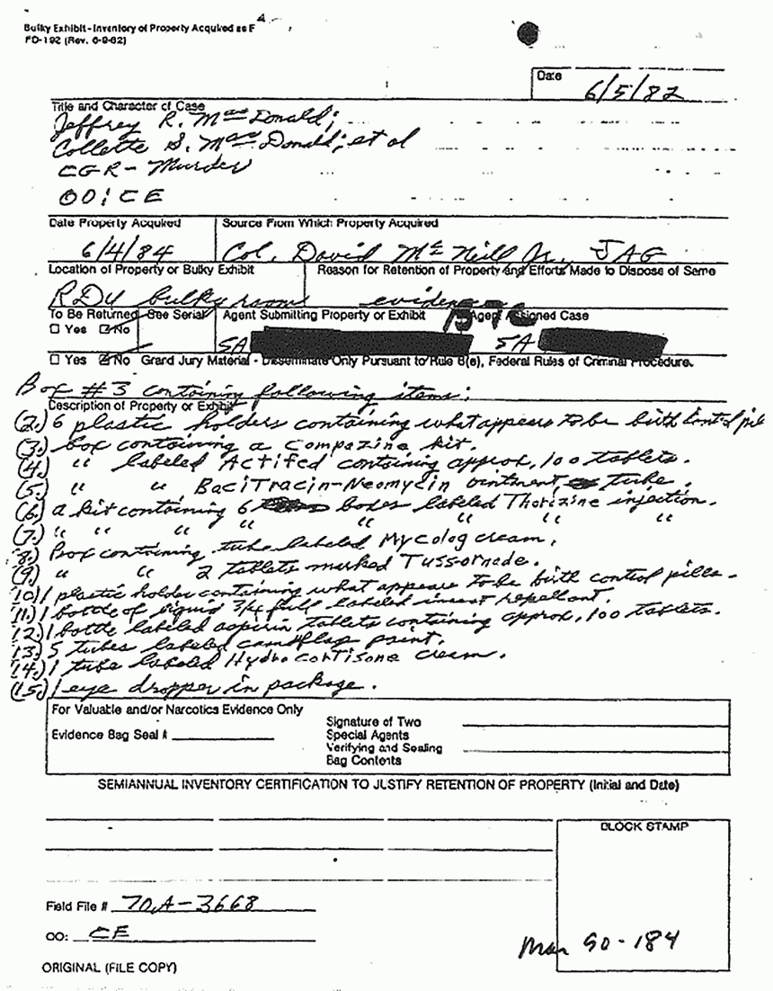 June 5, 1984: Inventory of medical supplies removed from 544 Castle Dr. on June 4, 1984, p. 10 of 17