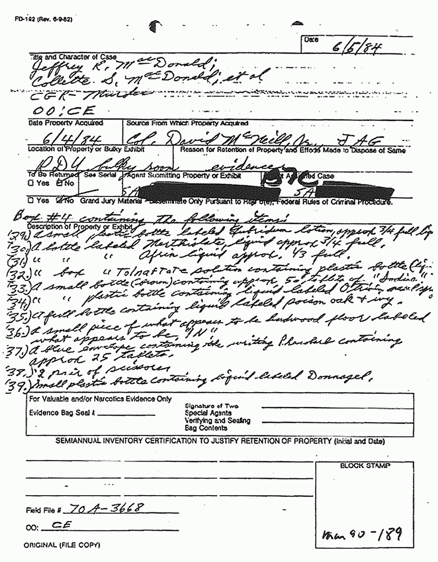 June 5, 1984: Inventory of medical supplies removed from 544 Castle Dr. on June 4, 1984, p. 15 of 17