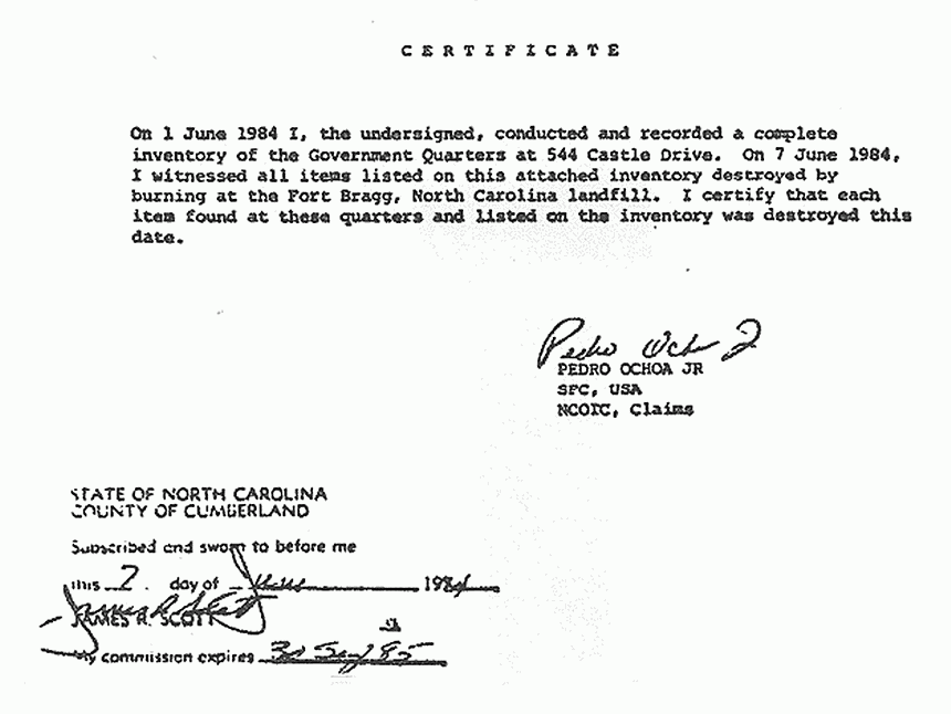 June 7, 1984: Certificate re: burning of items from 544 Castle Dr.