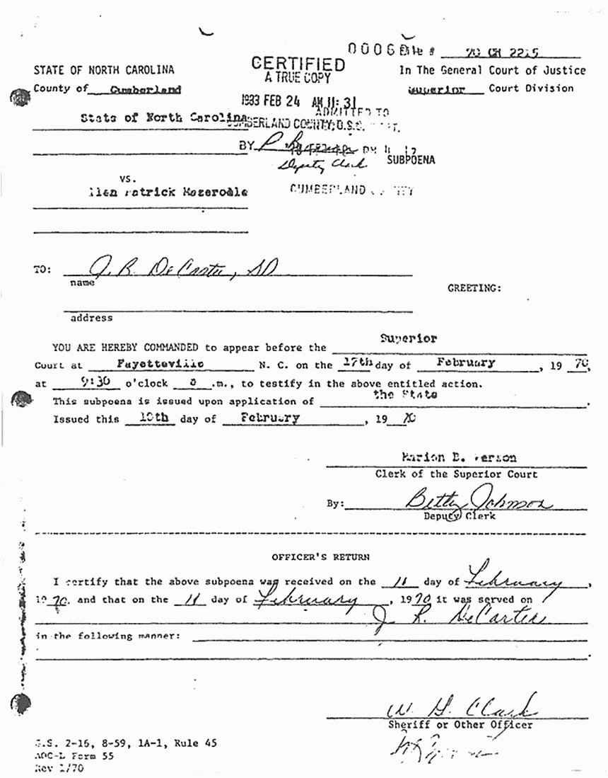 February 10, 1970: Subpoena issued for John DeCarter to appear and testify Feb. 17, 1970 re: State of North Carolina v. Allen Mazerolle