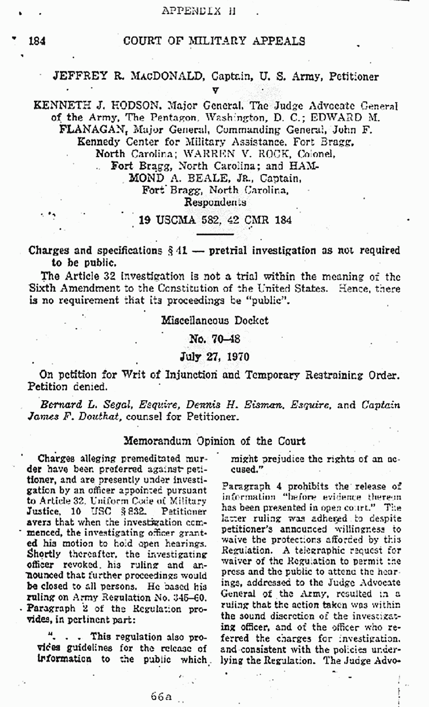 July 27, 1970: Memorandum Opinion of the U.S. Court of Military Appeals, denying petition by Jeffrey MacDonald for Writ of Injunction and Temporary Restraining Order, p. 1 of 2