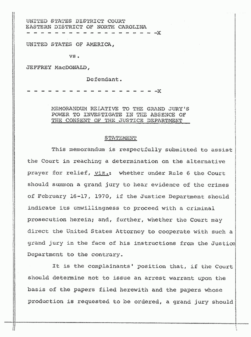 April 30, 1974: Memorandum Relative to the Grand Jury's Power to Investigate in the Absence of the Consent of the Justice Department, p. 1 of 8
