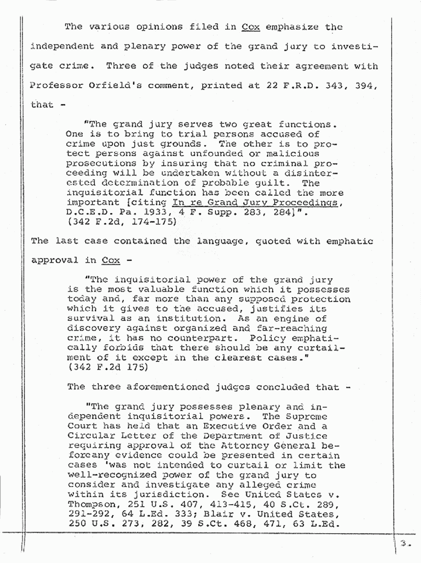April 30, 1974: Memorandum Relative to the Grand Jury's Power to Investigate in the Absence of the Consent of the Justice Department, p. 3 of 8