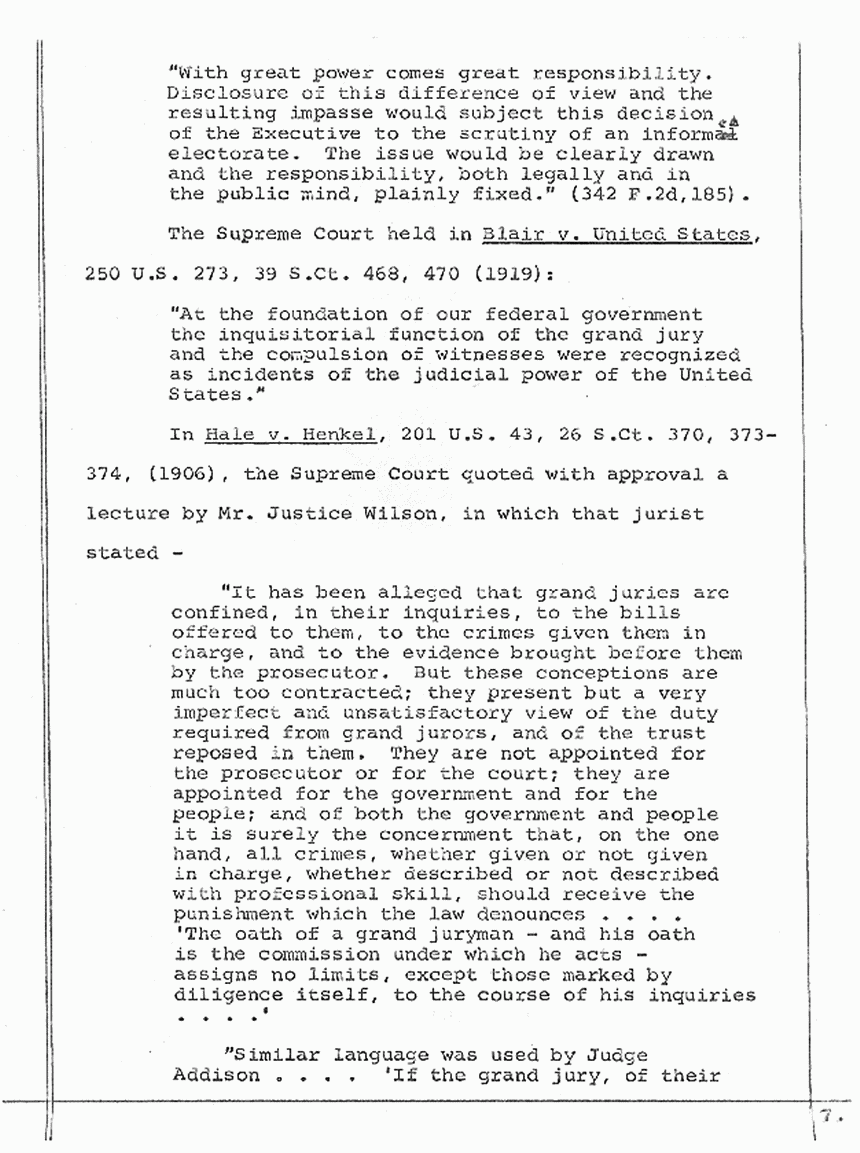 April 30, 1974: Memorandum Relative to the Grand Jury's Power to Investigate in the Absence of the Consent of the Justice Department, p. 7 of 8