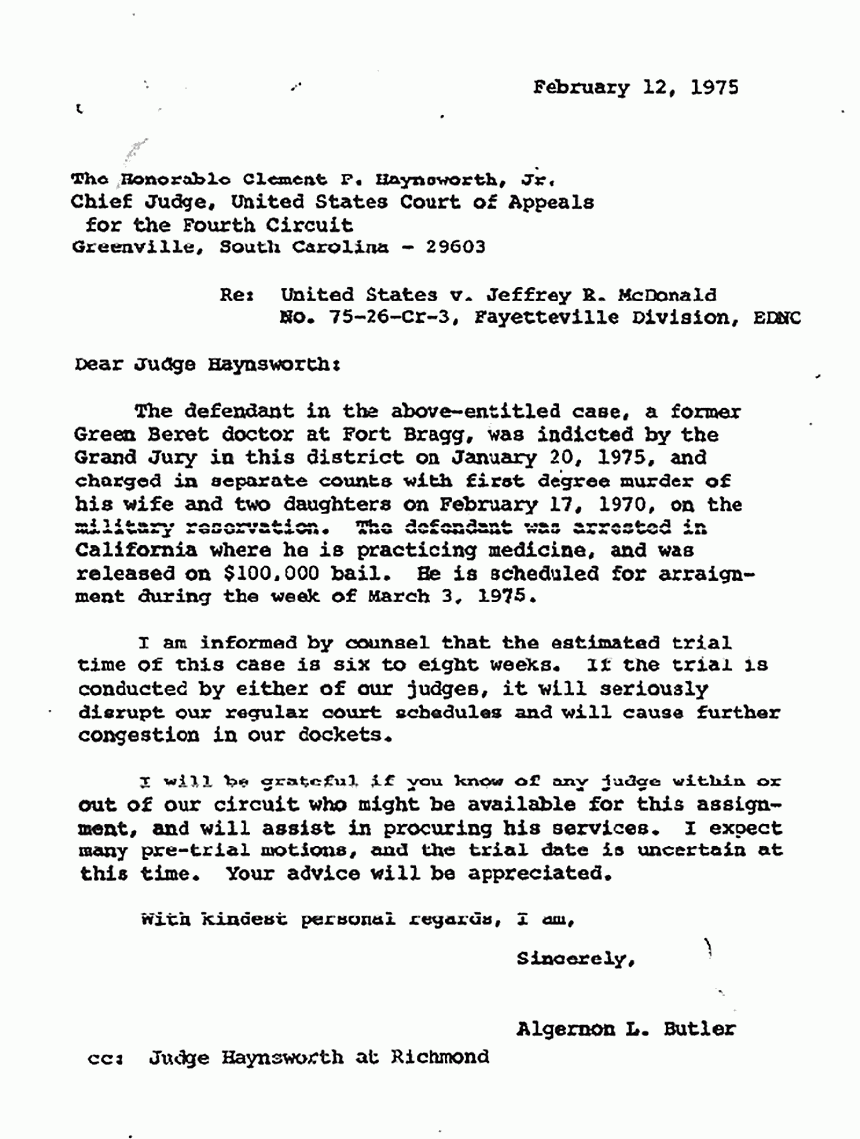 February 12, 1975: Letter from Judge Butler to Judge Haynsworth re: Assignment of Judge for Trial