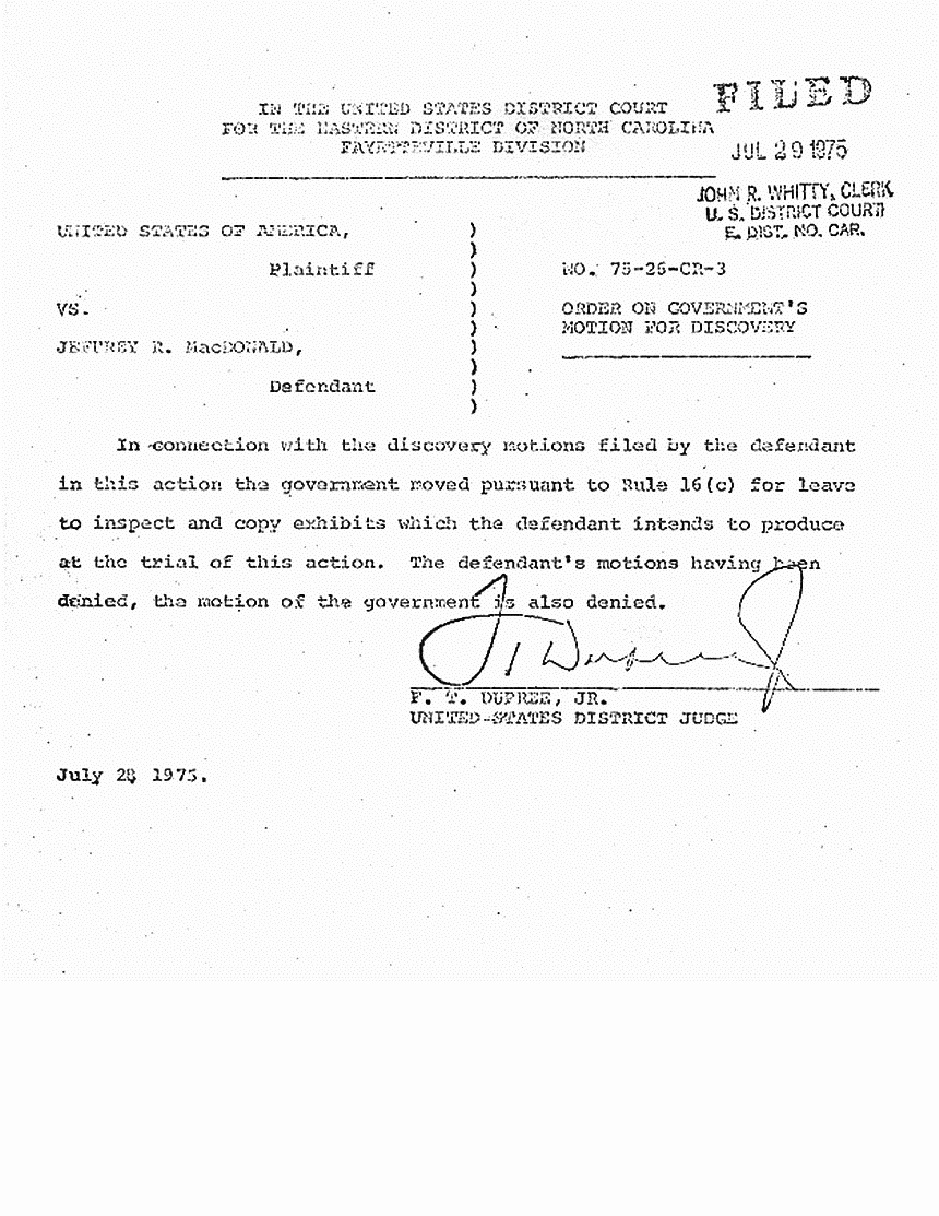 July 28, 1975: Order on Government's motion for discovery
