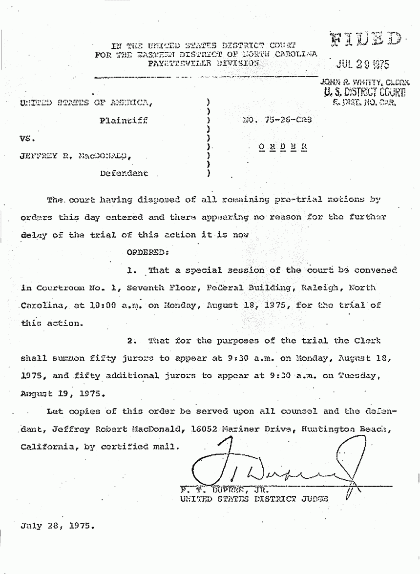 July 28, 1975: Order for special court session re: trial and jury selection