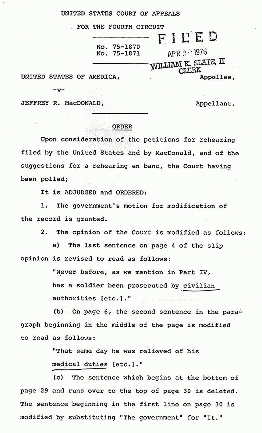 April 30, 1976: U. S. Court of Appeals for the Fourth Circuit; Order, p. 1 of 2
