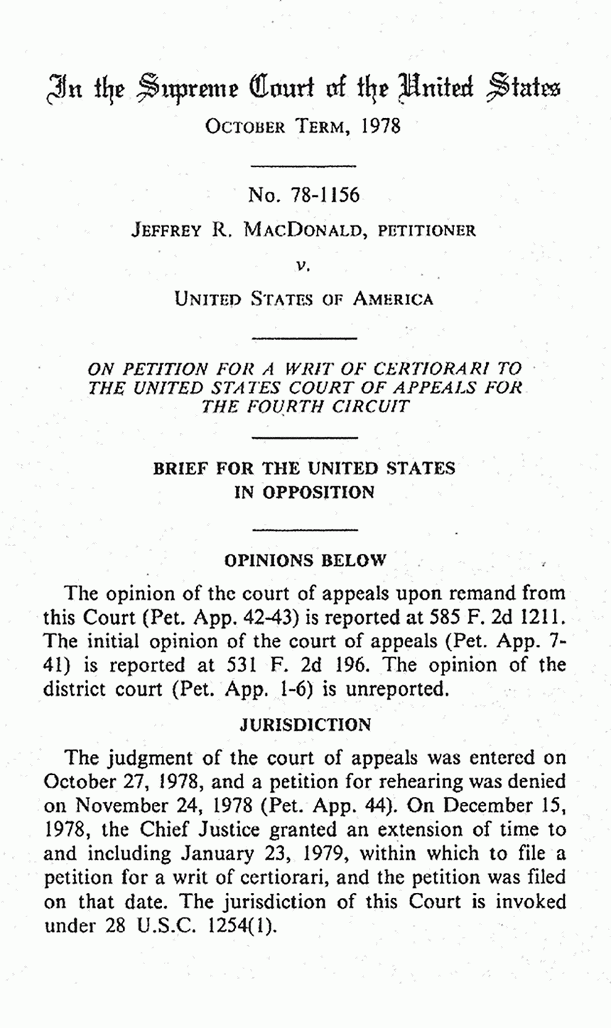 February 1979: Supreme Court of the United States, On Petition for Writ of Certiorari to the U. S. Court of Appeals for the 4th Circuit: Brief for the United States in Opposition, p. 1 of 9