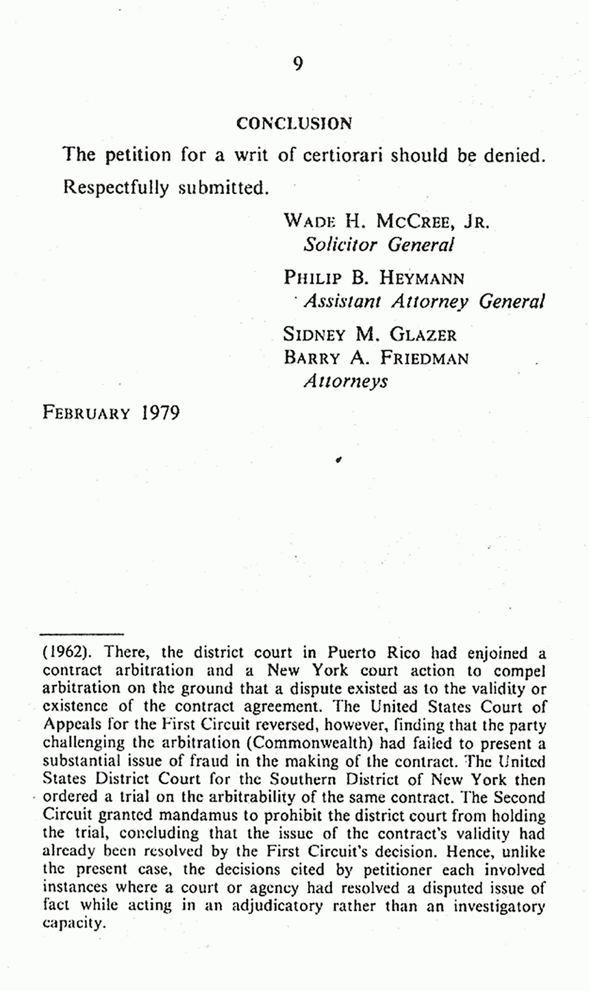 February 1979: Supreme Court of the United States, On Petition for Writ of Certiorari to the U. S. Court of Appeals for the 4th Circuit: Brief for the United States in Opposition, p. 9 of 9