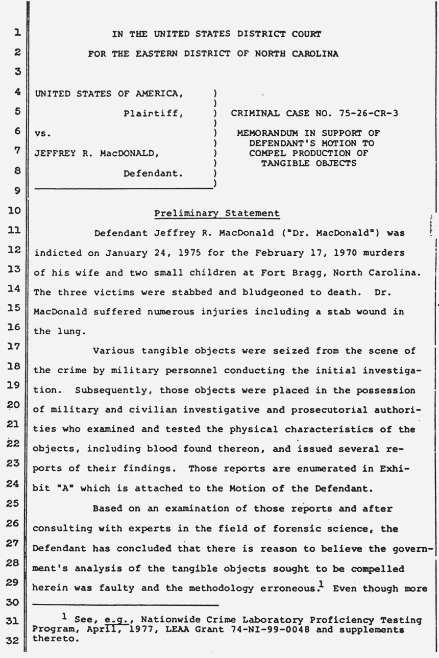 April 23, 1979: Unsigned Memorandum in Support of Defendant's Motion to Compel Production of Tangible Objects, p. 1 of 5
