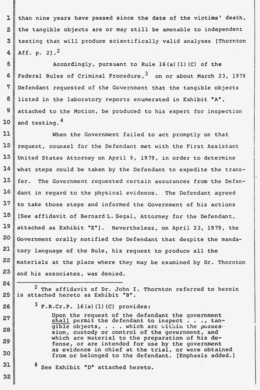 April 23, 1979: Unsigned Memorandum in Support of Defendant's Motion to Compel Production of Tangible Objects, p. 2 of 5
