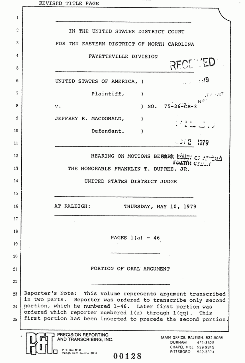 May 10, 1979: United States District Court, EDNC Excerpt from Hearing on Motions, p. 1 of 3
