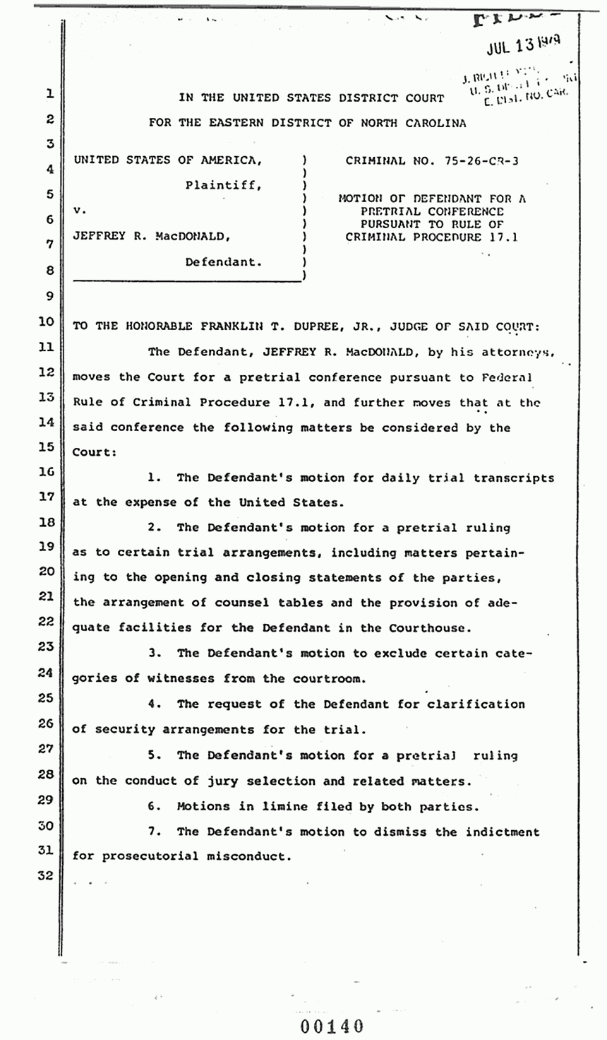 June 13, 1979: United States District Court, Eastern District of North Carolina; Motion of Jeffrey MacDonald for Pretrial Conference Pursuant to Rule of Criminal Procedure 17.1, p. 1 of 2