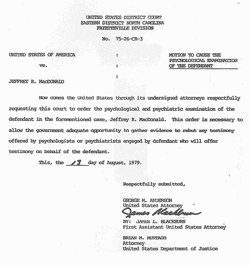 August 13, 1979: Motion by U. S. to Cause the Psychological Examination of the Defendant, p. 1 of 2