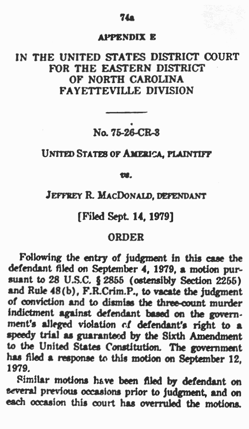 September 14, 1979: United States District Court, Eastern District of North Carolina; Order Denying Motion of Jeffrey MacDonald to Vacate Conviction and Dismiss Indictment, p. 1 of 2