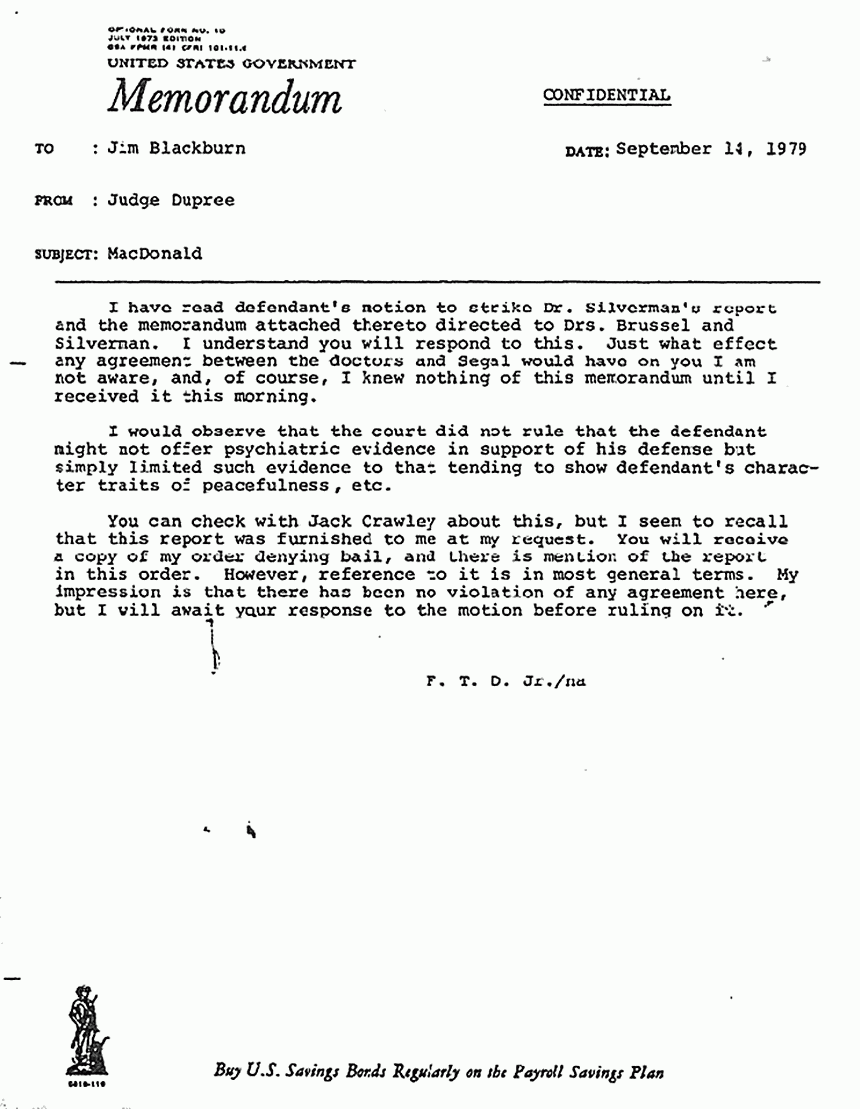 September 14, 1979: Memo from Judge Dupree to James Blackburn re: Psychiatric evidence