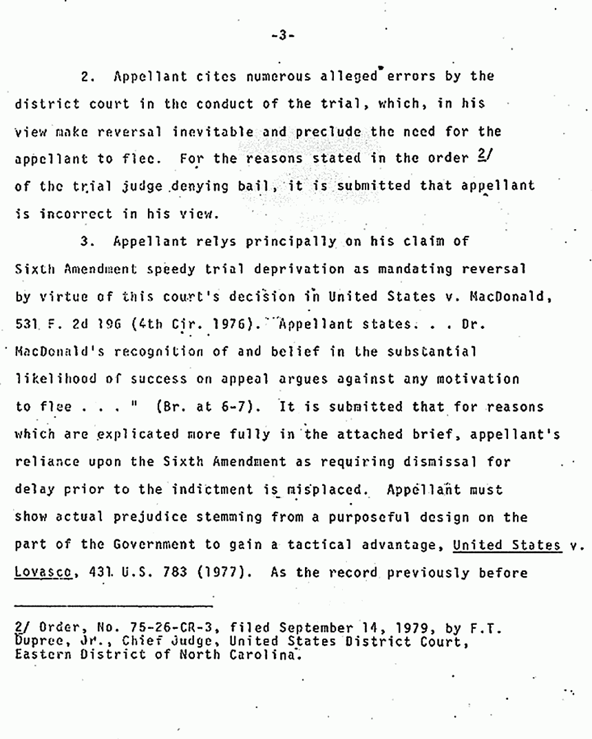 October 16, 1979: U. S. Court of Appeals for the 4th Circuit: U. S. Response to Motion by Jeffrey MacDonald for Admission to Bail Pending Appeal, p. 3 of 6