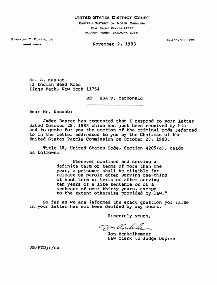 November 2, 1983: Letter from EDNC to Freddy Kassab re: Jeffrey MacDonald's eligibility for parole