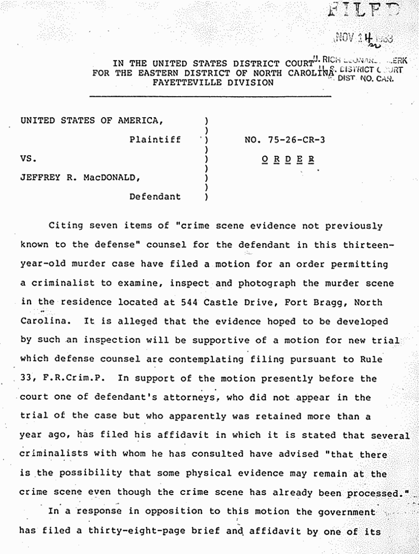 November 14, 1983: United States District Court, Eastern District of North Carolina Order Denying Motion by Jeffrey MacDonald for Crime Scene Inspection and Releasing 544 Castle Drive to U.S. Army, p. 1 of 4