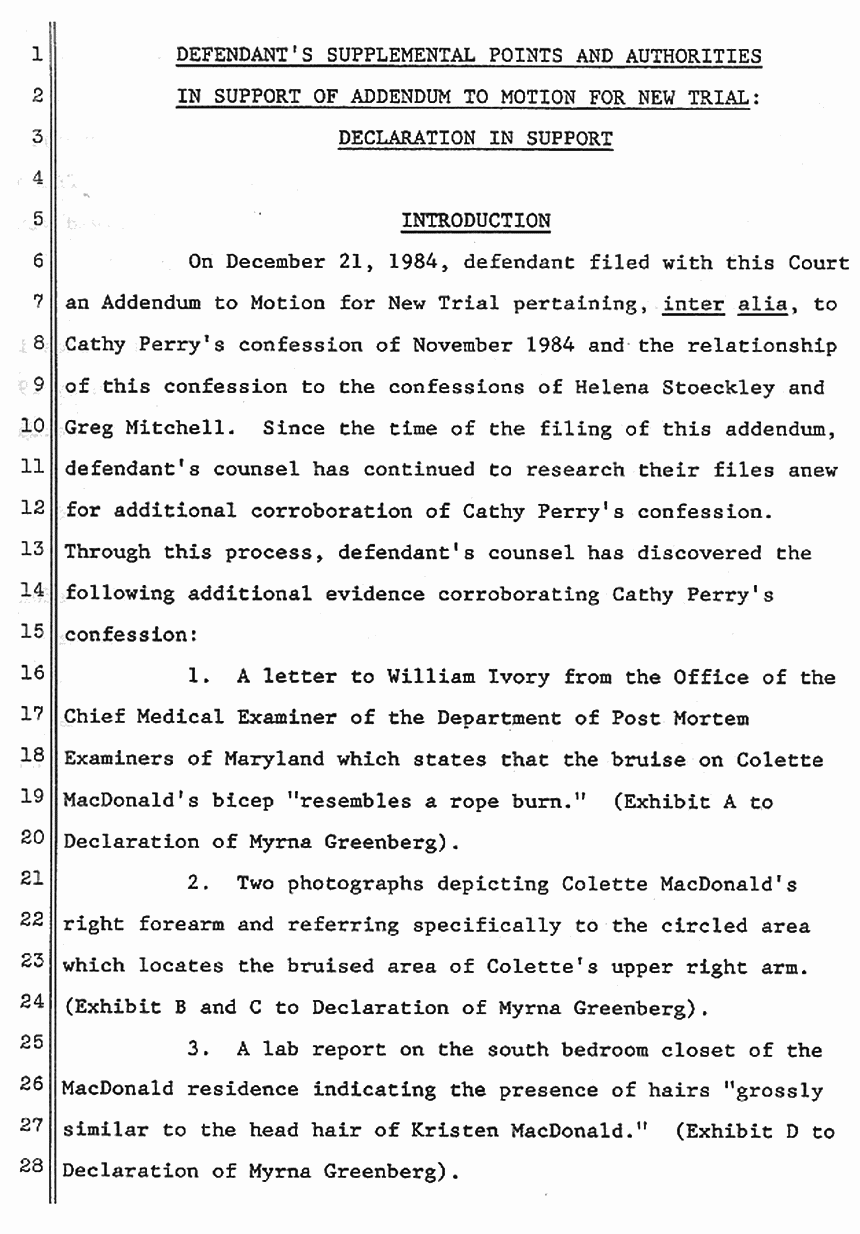 January 9, 1985: Defendant's Supplemental Points and Authorities in Support of Addendum to Motion for New Trial (re: Cathy Perry), p. 1 of 5