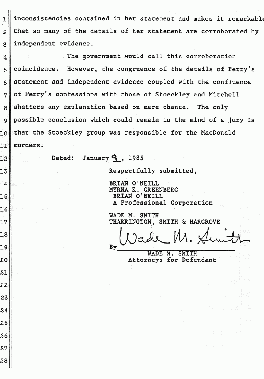 January 9, 1985: Defendant's Supplemental Points and Authorities in Support of Addendum to Motion for New Trial (re: Cathy Perry), p. 5 of 5