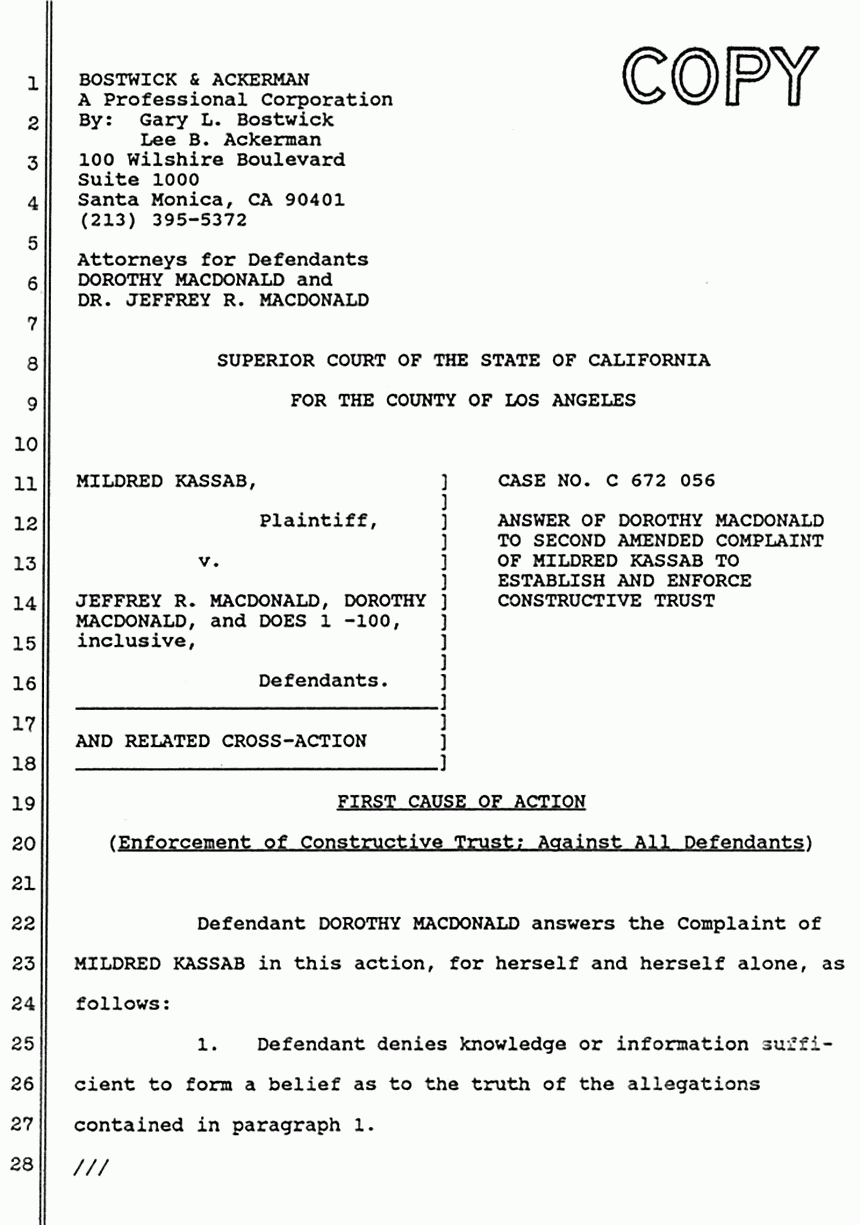 June 1988: Answer of Dorothy MacDonald to Second Amended Complaint of Mildred Kassab  to Establish and Enforce Constructive Trust, p. 1 of 10