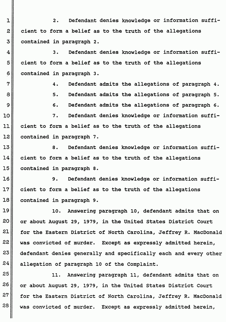 June 1988: Answer of Dorothy MacDonald to Second Amended Complaint of Mildred Kassab  to Establish and Enforce Constructive Trust, p. 2 of 10